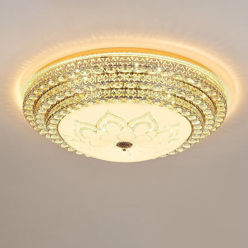 Modern Luxury Petal Round Glass Crystal Iron LED Flush Mount Ceiling Light For Living Room