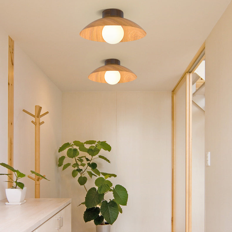 Plafonnier moderne minimaliste rond en verre, bois et fer à 1 lumière pour salon 