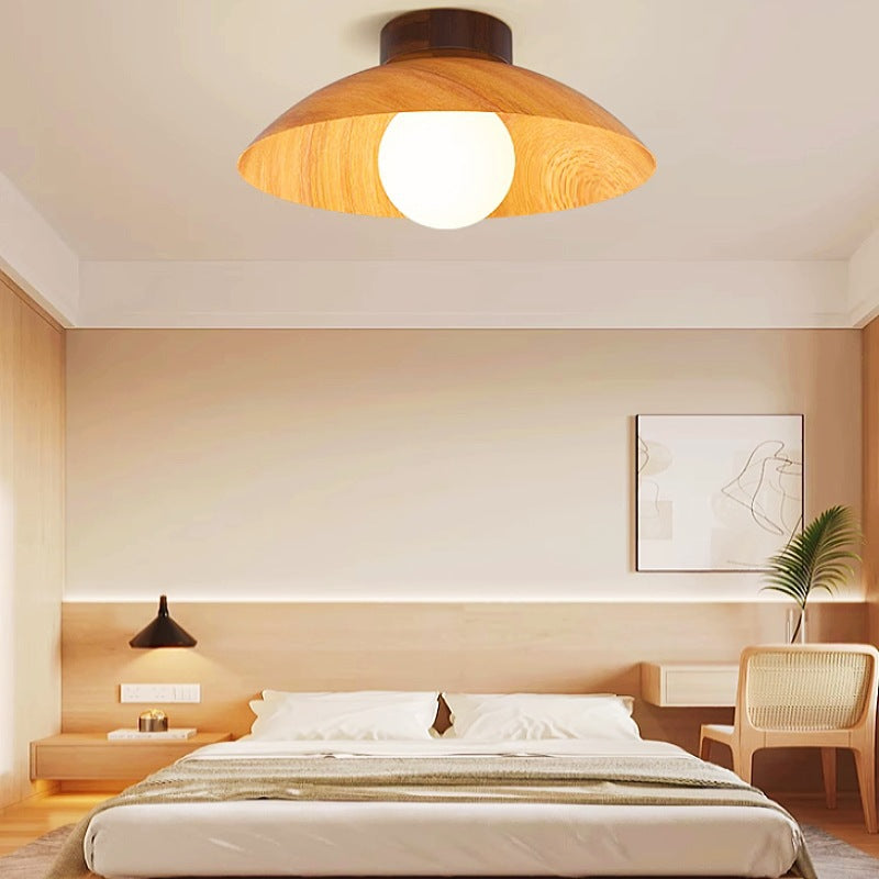 Plafonnier moderne minimaliste rond en verre, bois et fer à 1 lumière pour salon 