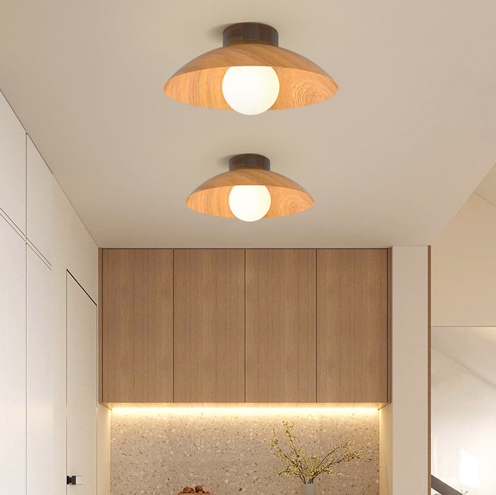 Plafonnier moderne minimaliste rond en verre, bois et fer à 1 lumière pour salon 