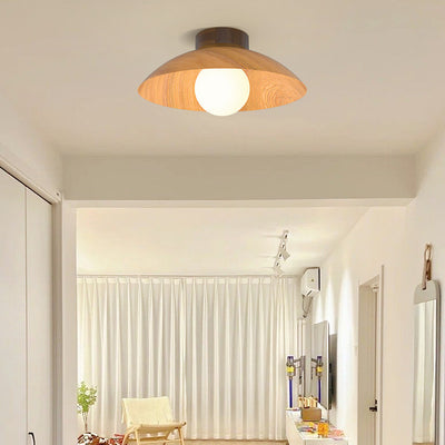 Plafonnier moderne minimaliste rond en verre, bois et fer à 1 lumière pour salon 
