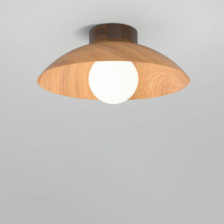 Plafonnier moderne minimaliste rond en verre, bois et fer à 1 lumière pour salon 