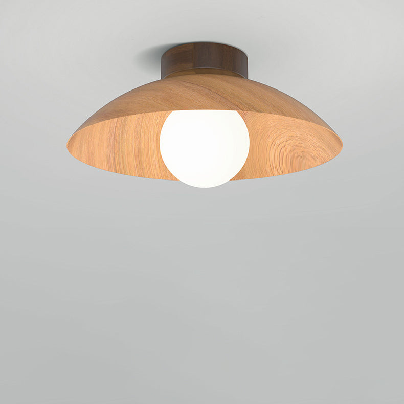 Plafonnier moderne minimaliste rond en verre, bois et fer à 1 lumière pour salon 