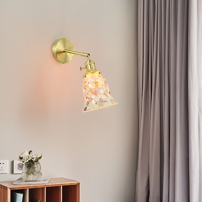 Lámpara de Aplique de Pared de 1 Luz de Cobre con Vidrio Redondo de Concha Tradicional Francesa para Dormitorio 