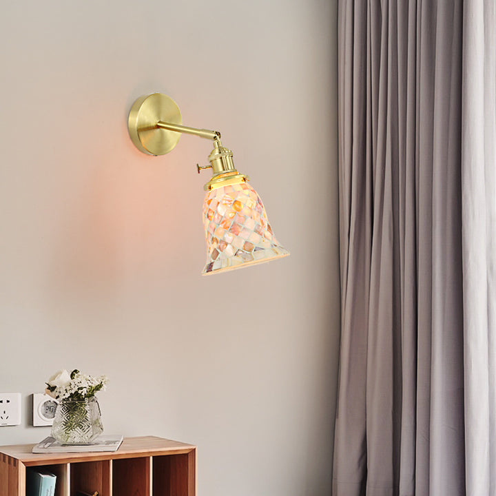 Lámpara de Aplique de Pared de 1 Luz de Cobre con Vidrio Redondo de Concha Tradicional Francesa para Dormitorio 