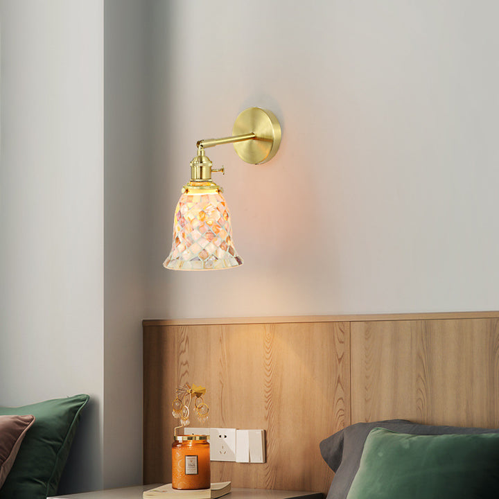Lámpara de Aplique de Pared de 1 Luz de Cobre con Vidrio Redondo de Concha Tradicional Francesa para Dormitorio 