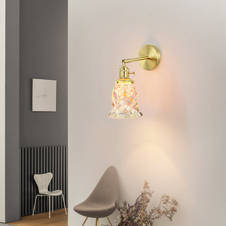 Lámpara de Aplique de Pared de 1 Luz de Cobre con Vidrio Redondo de Concha Tradicional Francesa para Dormitorio 