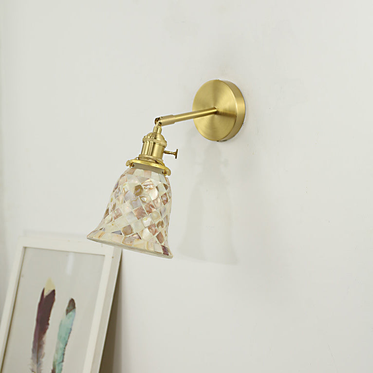 Lámpara de Aplique de Pared de 1 Luz de Cobre con Vidrio Redondo de Concha Tradicional Francesa para Dormitorio 