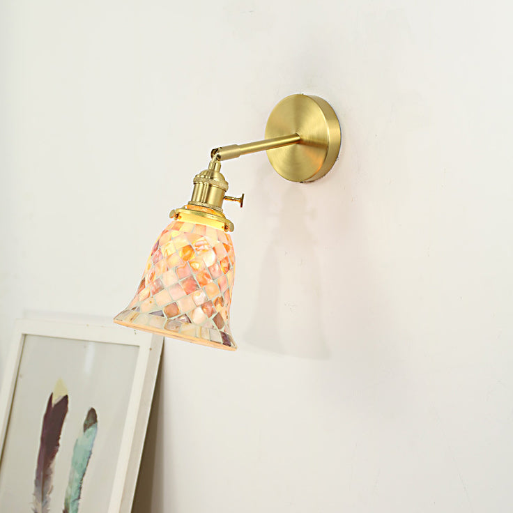 Lámpara de Aplique de Pared de 1 Luz de Cobre con Vidrio Redondo de Concha Tradicional Francesa para Dormitorio 