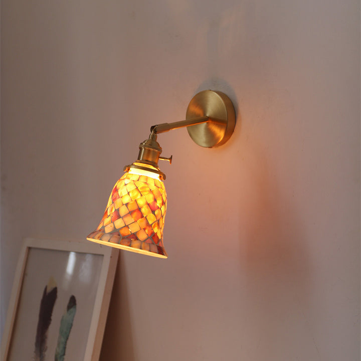 Lámpara de Aplique de Pared de 1 Luz de Cobre con Vidrio Redondo de Concha Tradicional Francesa para Dormitorio 