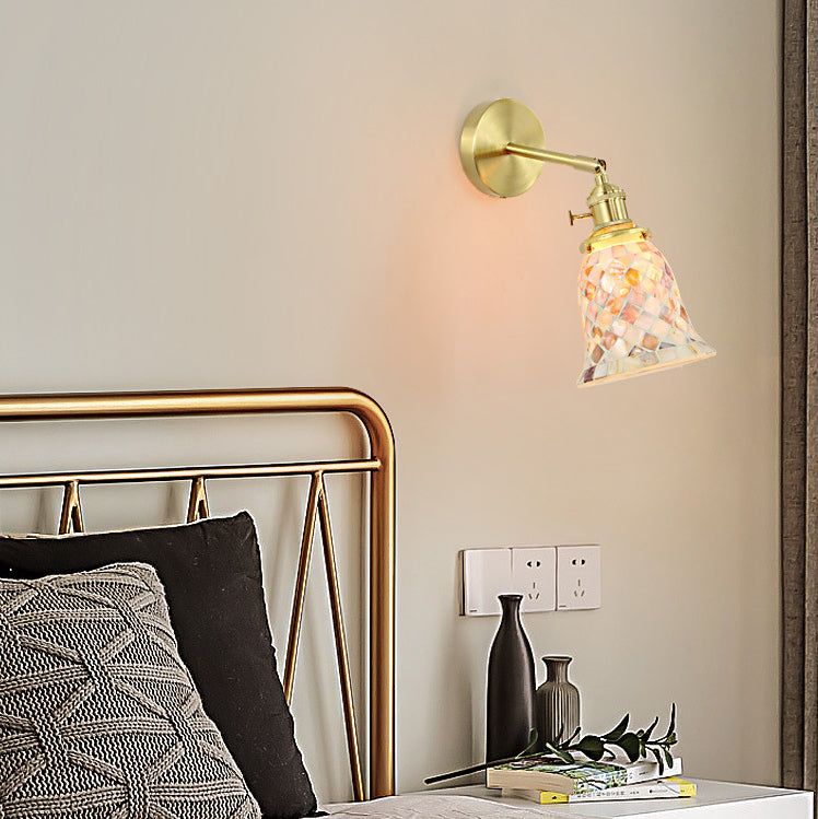 Lámpara de Aplique de Pared de 1 Luz de Cobre con Vidrio Redondo de Concha Tradicional Francesa para Dormitorio 