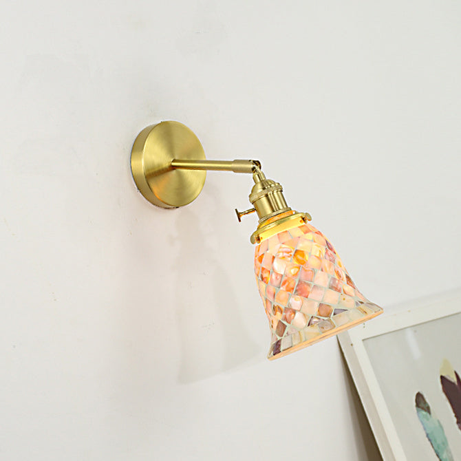 Lámpara de Aplique de Pared de 1 Luz de Cobre con Vidrio Redondo de Concha Tradicional Francesa para Dormitorio 