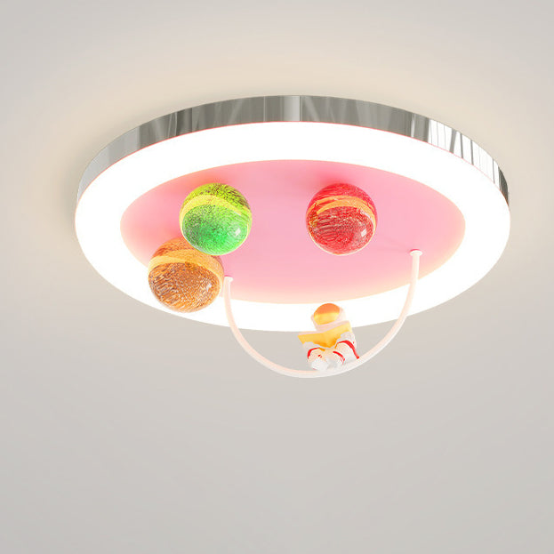 Modern Art Deco Lunar Astronaut Round Resin Acrylic Iron LED Flush Mount Ceiling Light For Bedroom