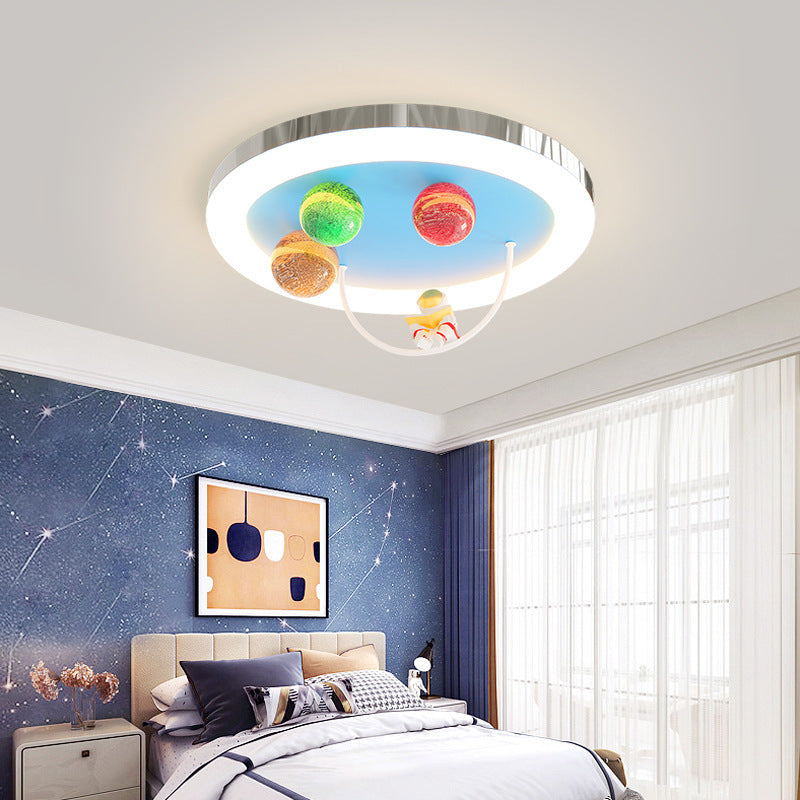 Modern Art Deco Lunar Astronaut Round Resin Acrylic Iron LED Flush Mount Ceiling Light For Bedroom