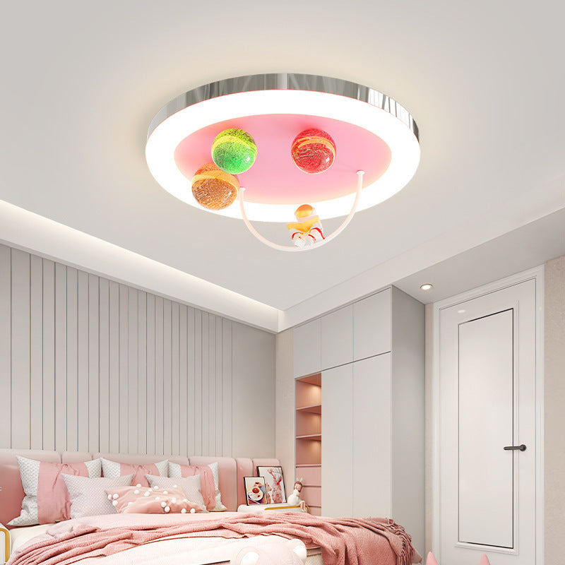 Modern Art Deco Lunar Astronaut Round Resin Acrylic Iron LED Flush Mount Ceiling Light For Bedroom