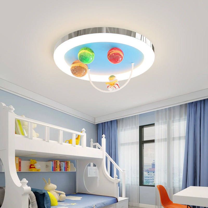 Modern Art Deco Lunar Astronaut Round Resin Acrylic Iron LED Flush Mount Ceiling Light For Bedroom