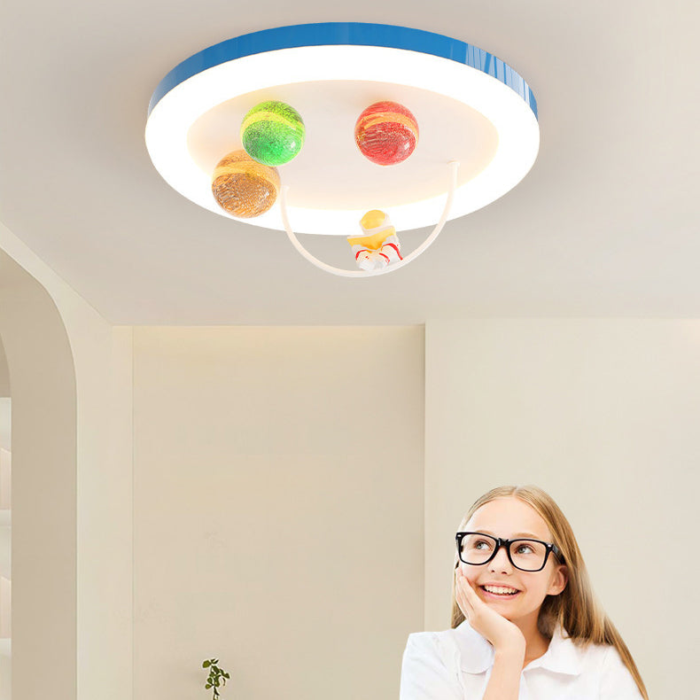 Modern Art Deco Lunar Astronaut Round Resin Acrylic Iron LED Flush Mount Ceiling Light For Bedroom