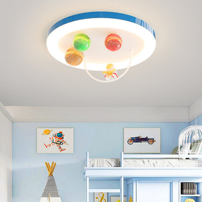 Modern Art Deco Lunar Astronaut Round Resin Acrylic Iron LED Flush Mount Ceiling Light For Bedroom