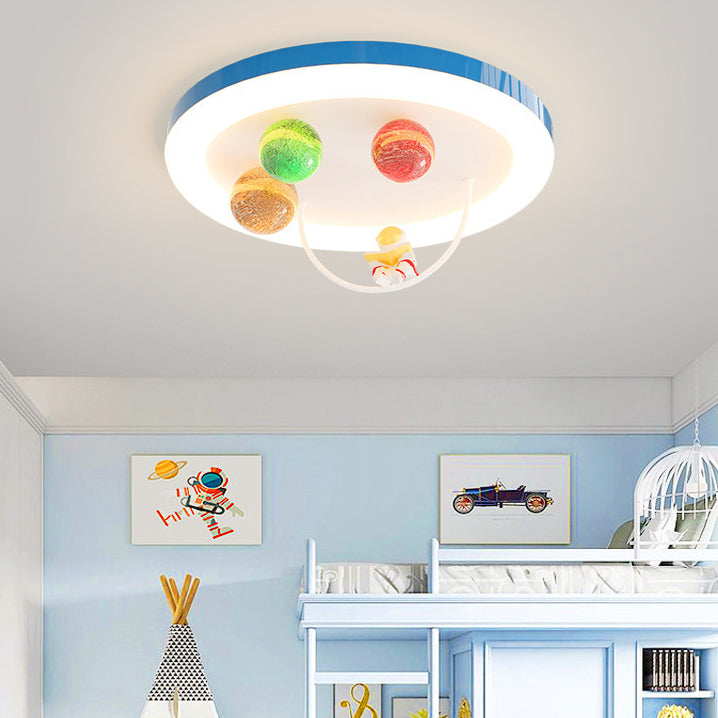 Modern Art Deco Lunar Astronaut Round Resin Acrylic Iron LED Flush Mount Ceiling Light For Bedroom