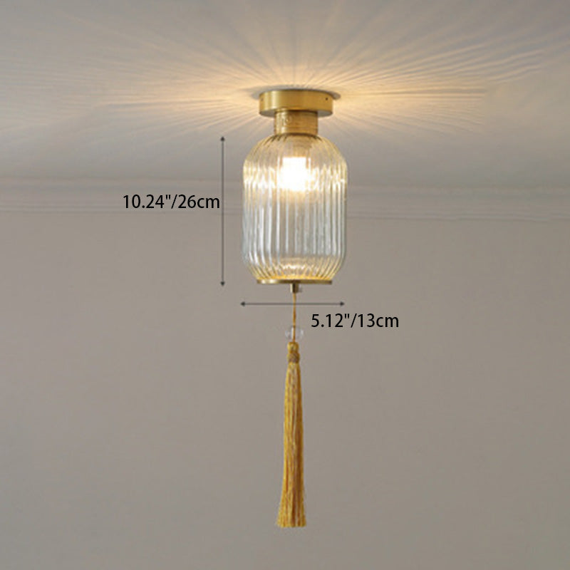 Traditionelle chinesische Laterne, rund, Glas, Kupfer, 1-flammig, halbbündige Deckenleuchte für Wohnzimmer 