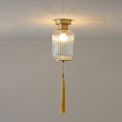 Traditionelle chinesische Laterne, rund, Glas, Kupfer, 1-flammig, halbbündige Deckenleuchte für Wohnzimmer 