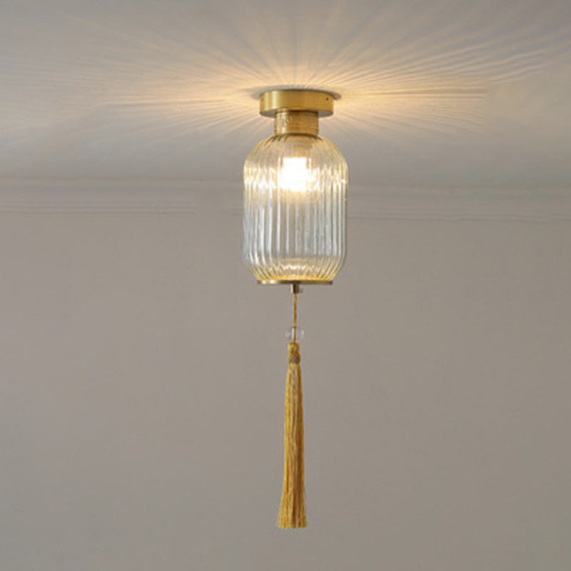 Traditionelle chinesische Laterne, rund, Glas, Kupfer, 1-flammig, halbbündige Deckenleuchte für Wohnzimmer 