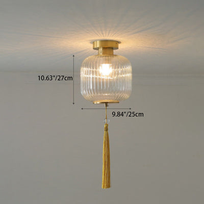 Traditionelle chinesische Laterne, rund, Glas, Kupfer, 1-flammig, halbbündige Deckenleuchte für Wohnzimmer 
