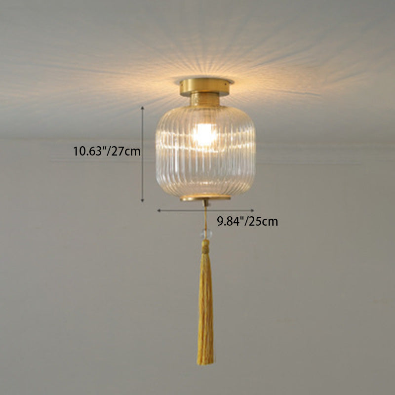 Traditionelle chinesische Laterne, rund, Glas, Kupfer, 1-flammig, halbbündige Deckenleuchte für Wohnzimmer 