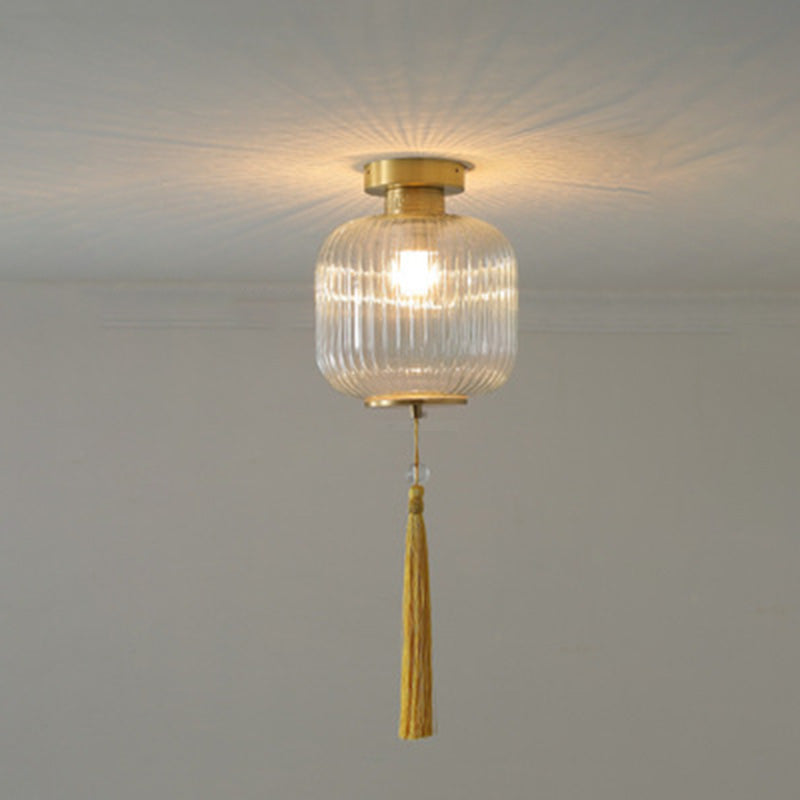 Traditionelle chinesische Laterne, rund, Glas, Kupfer, 1-flammig, halbbündige Deckenleuchte für Wohnzimmer 