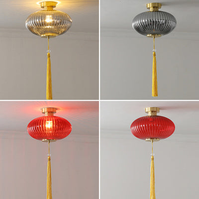 Traditionelle chinesische runde Laterne aus Glas, Kupfer, 1-flammig, halbbündige Deckenleuchte für Schlafzimmer 