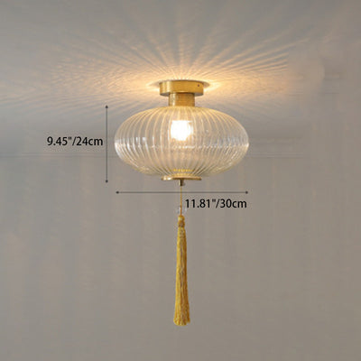 Traditionelle chinesische runde Laterne aus Glas, Kupfer, 1-flammig, halbbündige Deckenleuchte für Schlafzimmer 