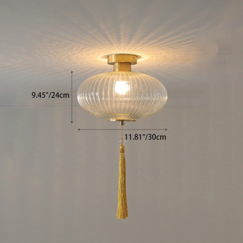 Traditionelle chinesische runde Laterne aus Glas, Kupfer, 1-flammig, halbbündige Deckenleuchte für Schlafzimmer 