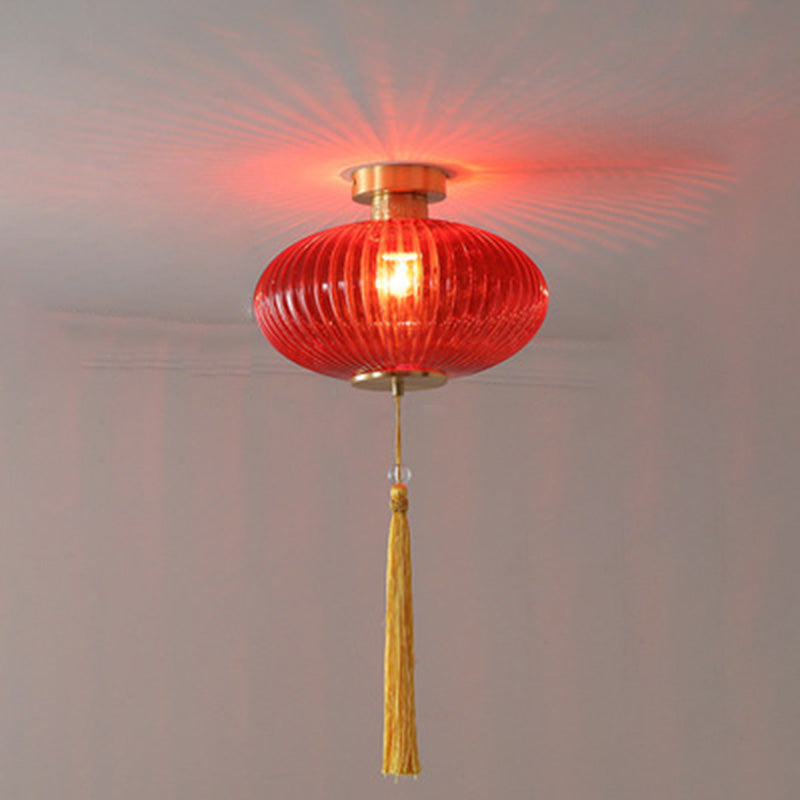 Traditionelle chinesische runde Laterne aus Glas, Kupfer, 1-flammig, halbbündige Deckenleuchte für Schlafzimmer 