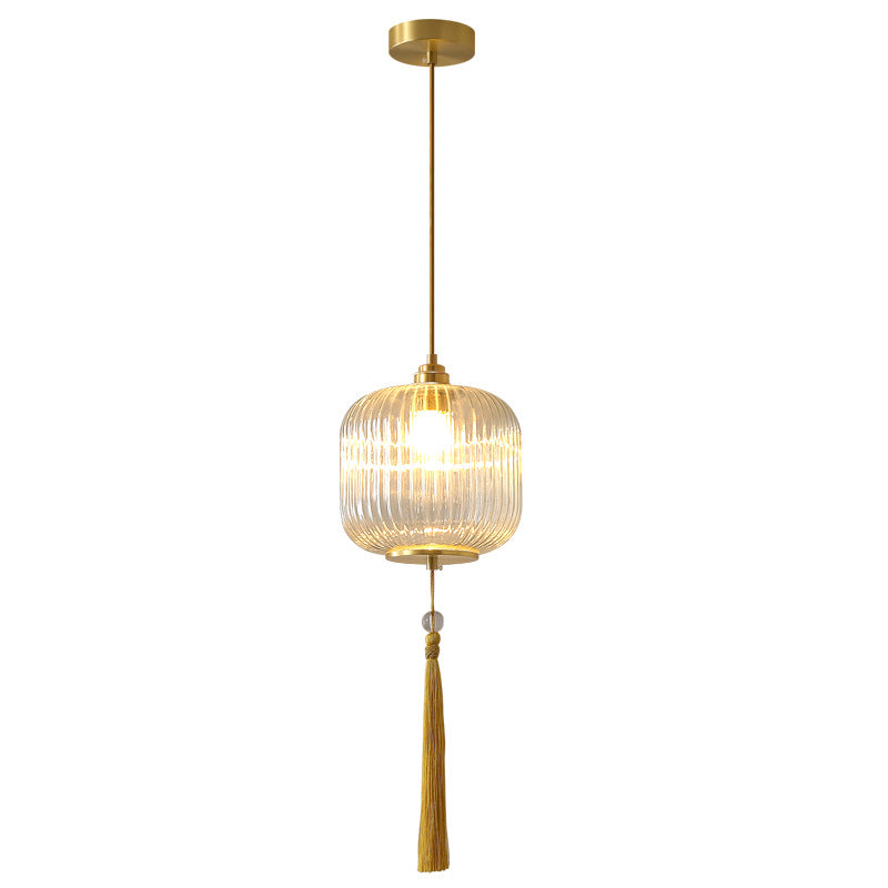 Lámpara colgante de 1 luz de vidrio de linterna redonda china tradicional de cobre para sala de estar 