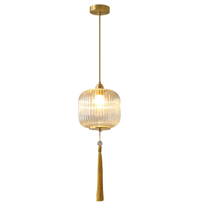 Lámpara colgante de 1 luz de vidrio de linterna redonda china tradicional de cobre para sala de estar 