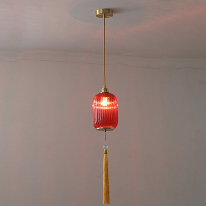 Lámpara colgante de 1 luz de vidrio de linterna redonda china tradicional de cobre para sala de estar 