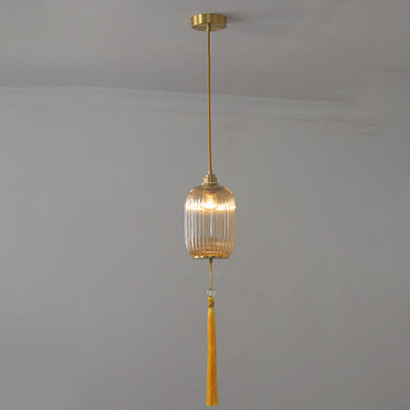 Lámpara colgante de 1 luz de vidrio de linterna redonda china tradicional de cobre para sala de estar 