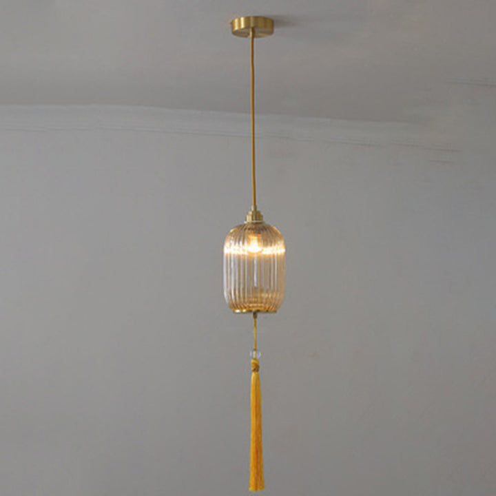 Lámpara colgante de 1 luz de vidrio de linterna redonda china tradicional de cobre para sala de estar 