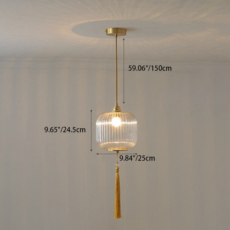 Lámpara colgante de 1 luz de vidrio de linterna redonda china tradicional de cobre para sala de estar 