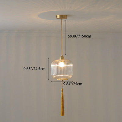 Traditionelle chinesische runde Laterne aus Glas, Kupfer, 1-flammig, Pendelleuchte für Wohnzimmer 