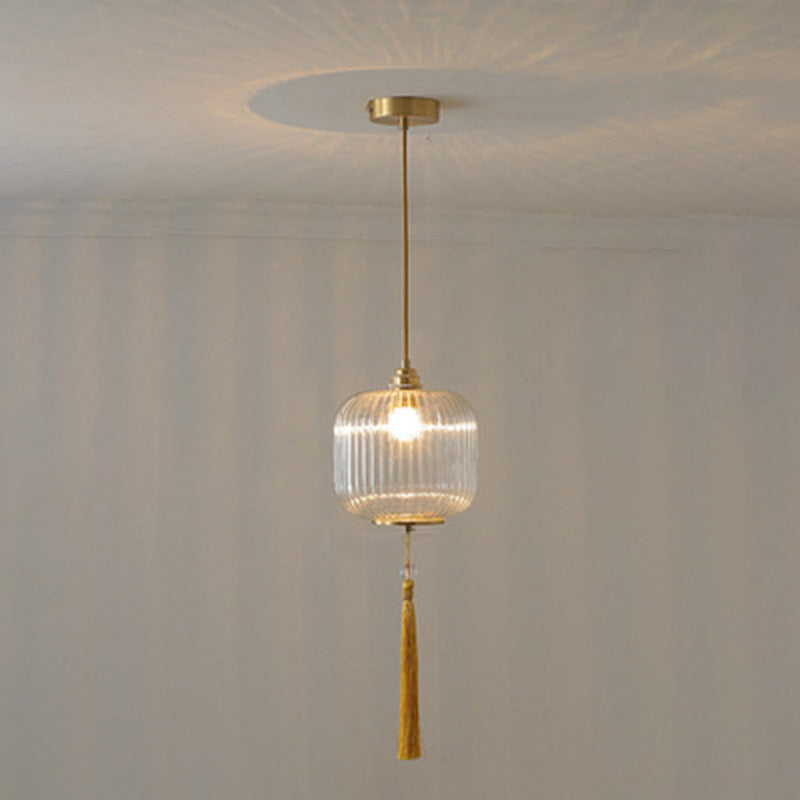 Lámpara colgante de 1 luz de vidrio de linterna redonda china tradicional de cobre para sala de estar 