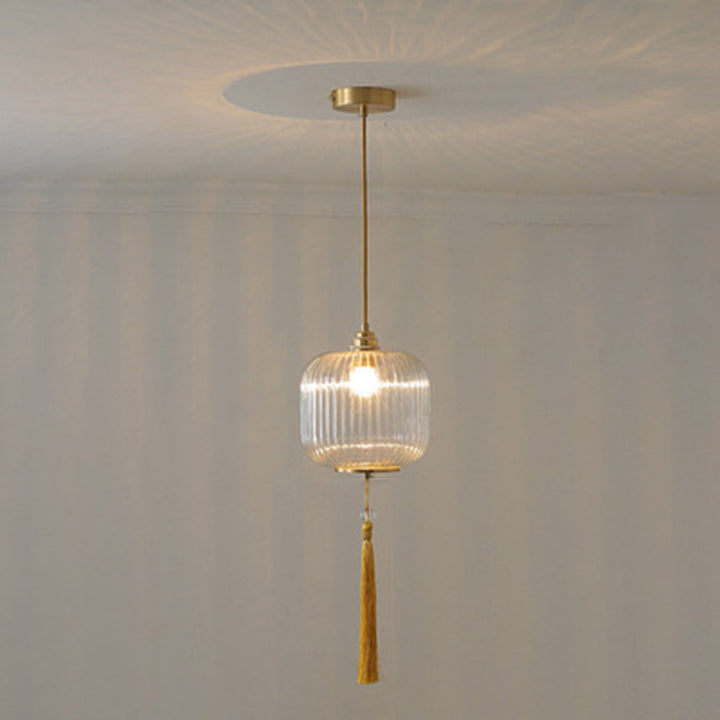 Lámpara colgante de 1 luz de vidrio de linterna redonda china tradicional de cobre para sala de estar 