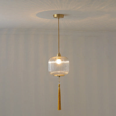 Traditionelle chinesische runde Laterne aus Glas, Kupfer, 1-flammig, Pendelleuchte für Wohnzimmer 