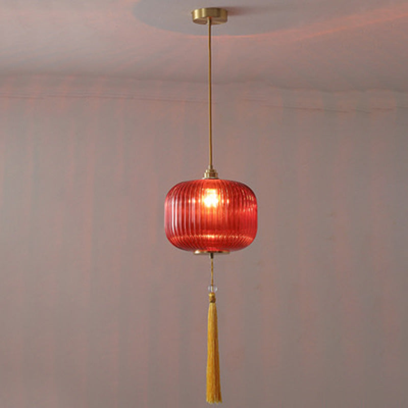 Lámpara colgante de 1 luz de vidrio de linterna redonda china tradicional de cobre para sala de estar 
