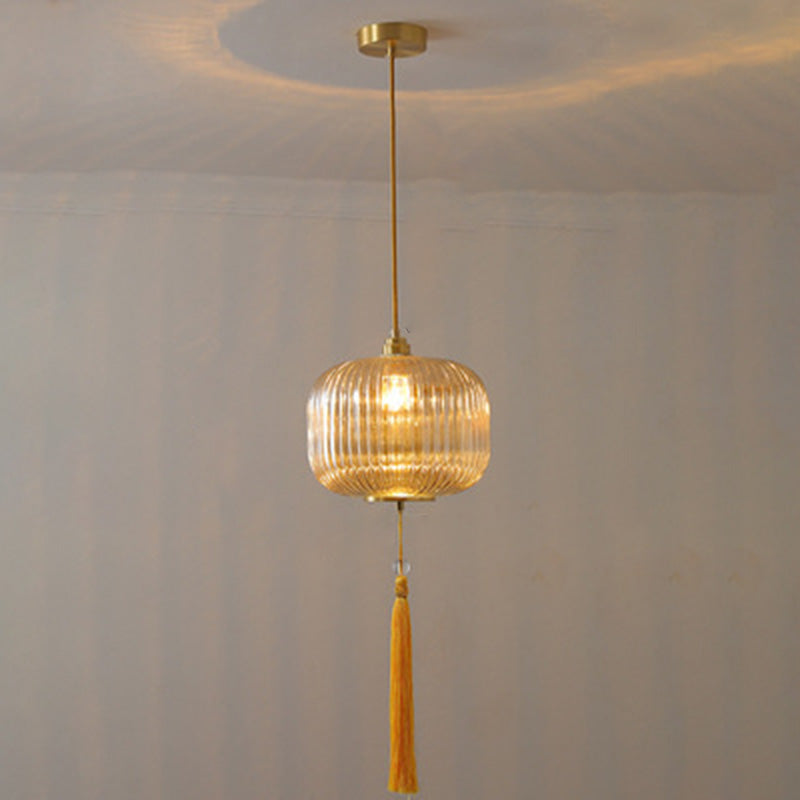 Lámpara colgante de 1 luz de vidrio de linterna redonda china tradicional de cobre para sala de estar 