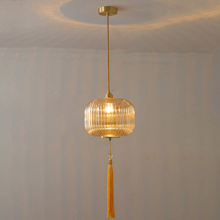 Lámpara colgante de 1 luz de vidrio de linterna redonda china tradicional de cobre para sala de estar 