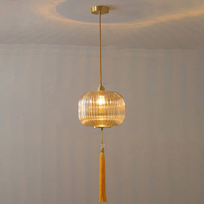 Traditionelle chinesische runde Laterne aus Glas, Kupfer, 1-flammig, Pendelleuchte für Wohnzimmer 