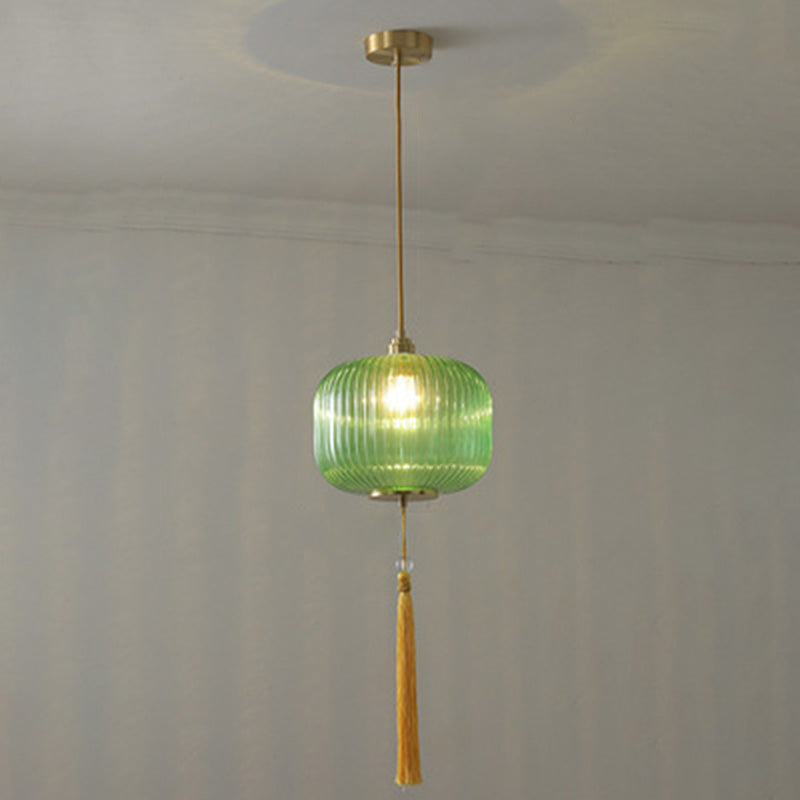 Lámpara colgante de 1 luz de vidrio de linterna redonda china tradicional de cobre para sala de estar 
