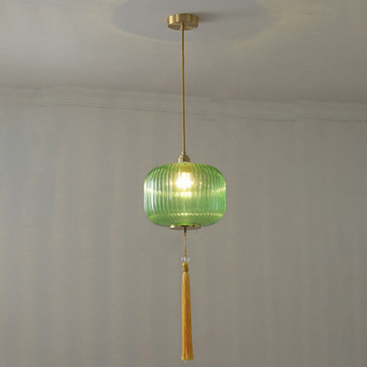 Lámpara colgante de 1 luz de vidrio de linterna redonda china tradicional de cobre para sala de estar 