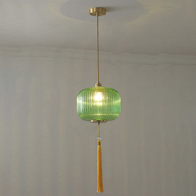 Traditionelle chinesische runde Laterne aus Glas, Kupfer, 1-flammig, Pendelleuchte für Wohnzimmer 
